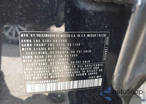 2021 Volkswagen Tiguan 2.0T Se/2.0T Se R-Line Black/2.0T Sel из США, поврежденный, VIN 3VV3B7AX8MM028953